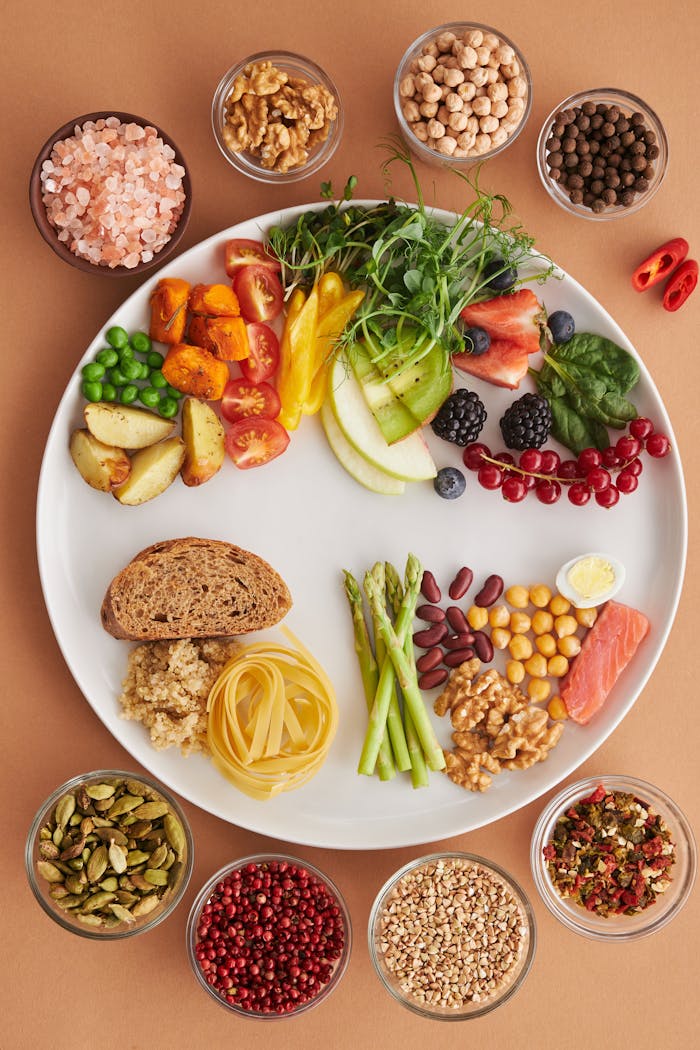 Services A vibrant assortment of healthy foods on a plate, showcasing a balanced diet with fruits, vegetables, nuts, and grains.
